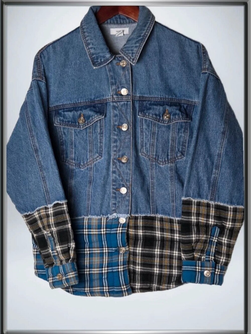 Forever 21 Denim & Plaid Patchwork Jacket Size M Blue Black Flannel